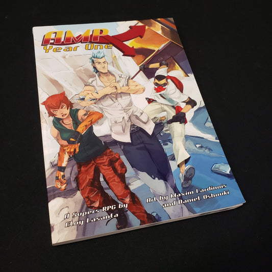 Image shows the front cover of the core rulebook for the roleplaying game AMP: Year One