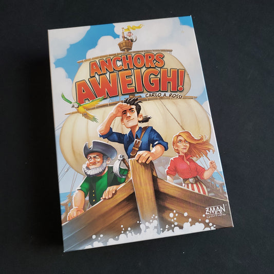 Image shows the front cover of the box of the Anchors Aweigh! board game