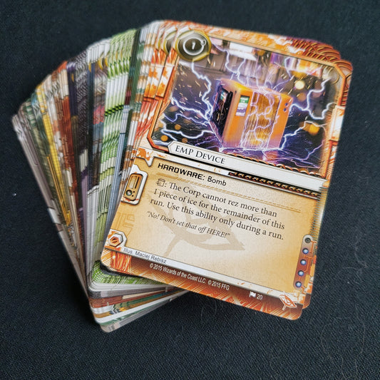Image shows a deck of fanned out cards from the Business First Data Pack for the Android: Netrunner card game