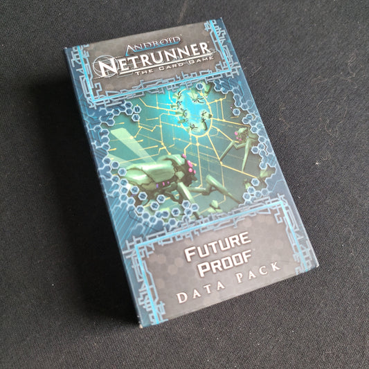 Image shows the front of the package for the Future Proof Data Pack for the Android: Netrunner card game