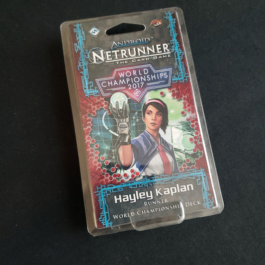 Image shows the front of the package for the Hayley Kaplan 2017 World Championship Deck for the Android: Netrunner card game