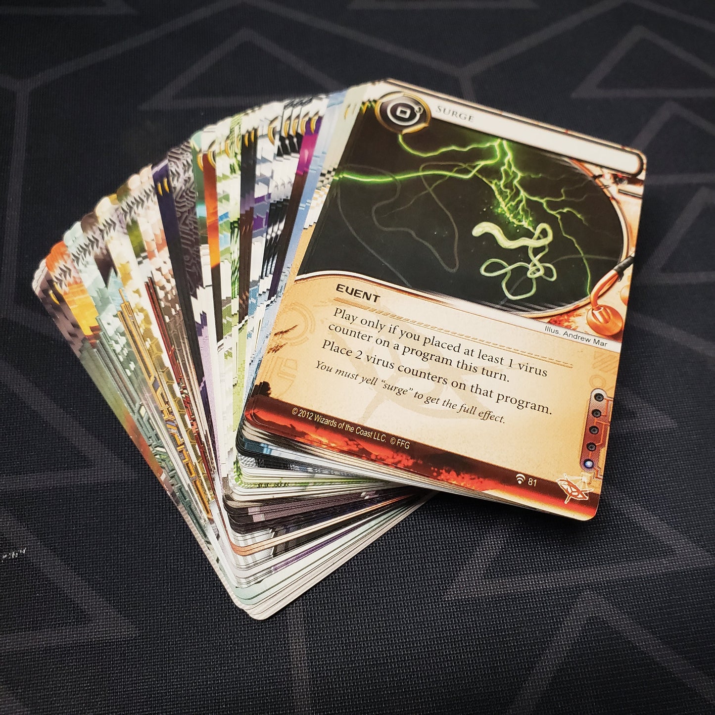 Image shows the fanned out cards of the Humanity's Shadow Data Pack for the card game Android Netrunner