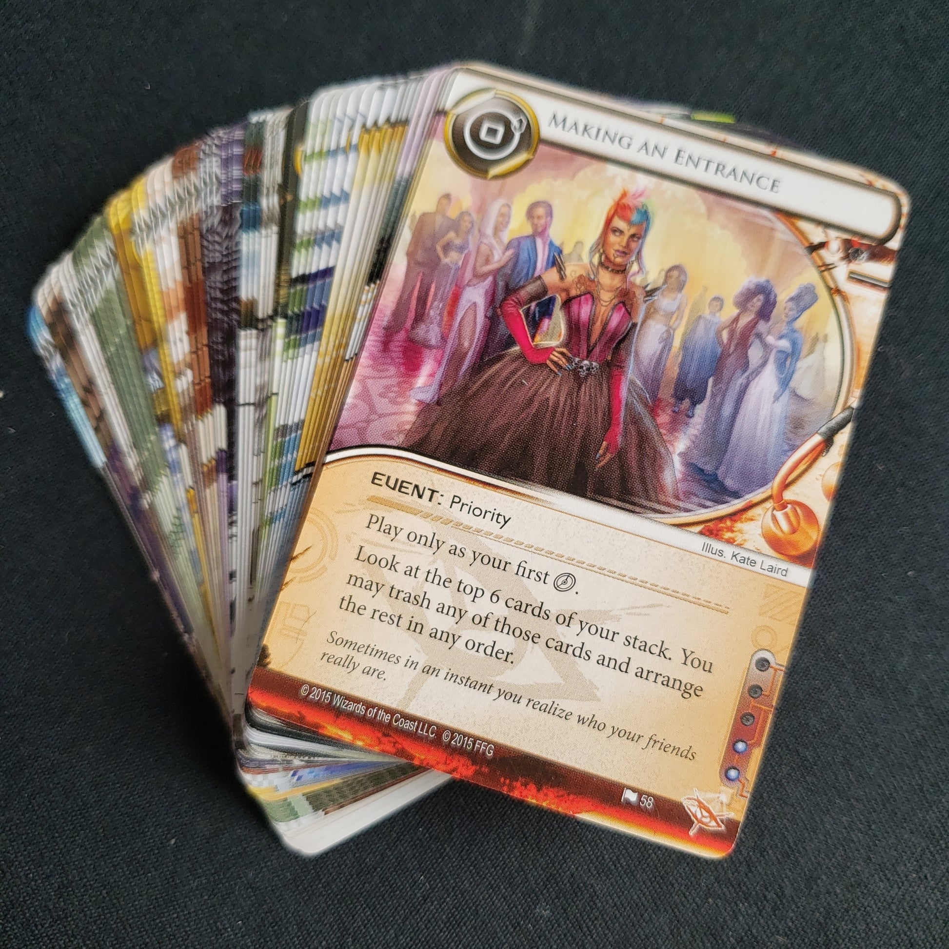 Image shows a deck of fanned out cards from the Salsette Island Data Pack for the Android: Netrunner card game