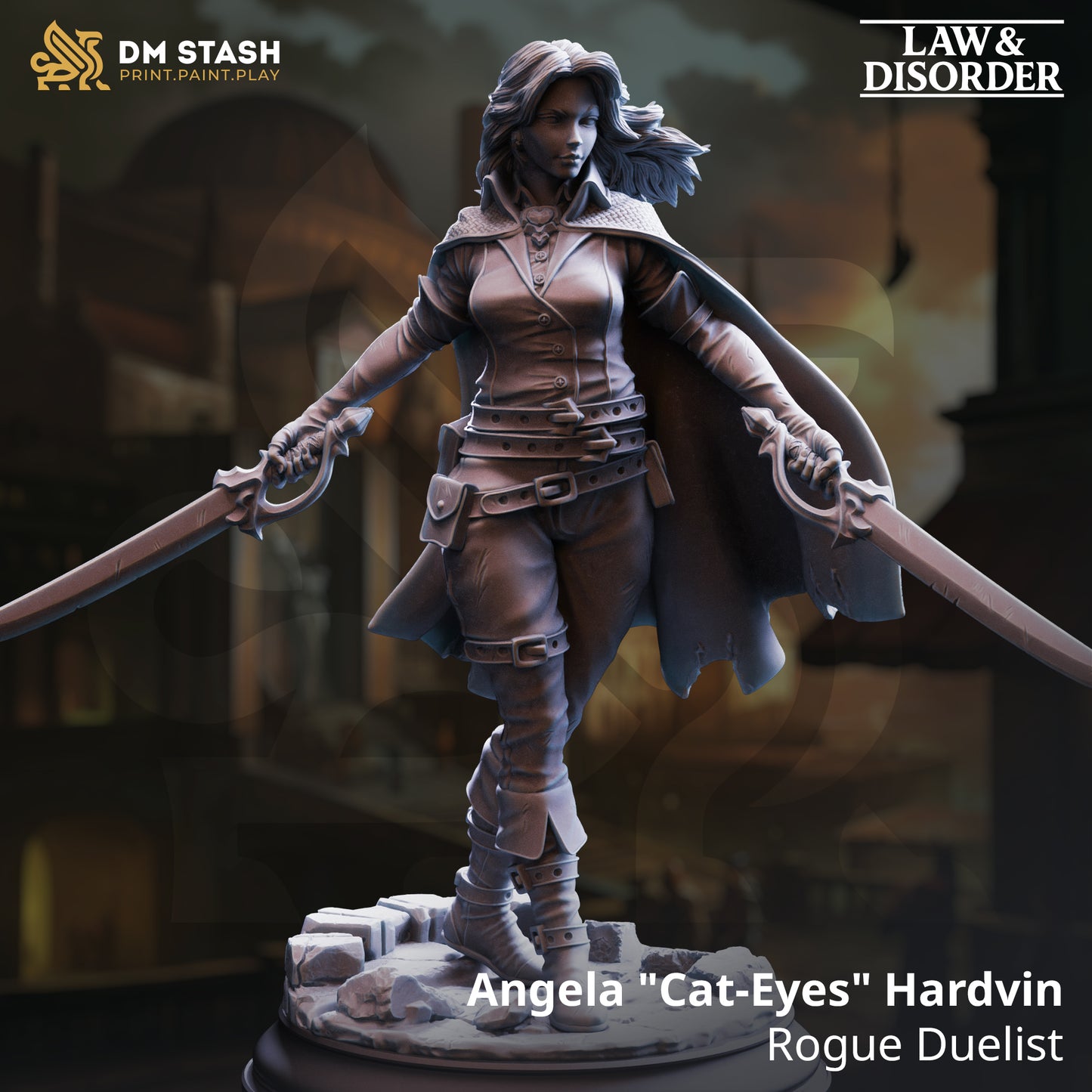 Image shows a 3D render of a human duelist gaming miniature.