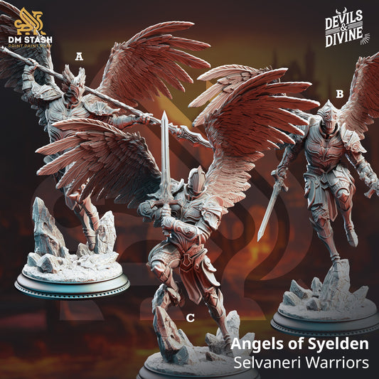 Image shows 3D renders for three different sculpt options of a winged angle warrior gaming miniature