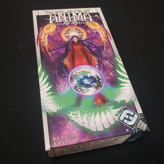 Image shows the front cover of the box of the Anima: Shadow of Omega card game