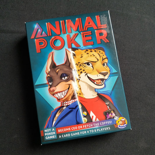 Image shows the front cover of the box of the Animal Poker card game