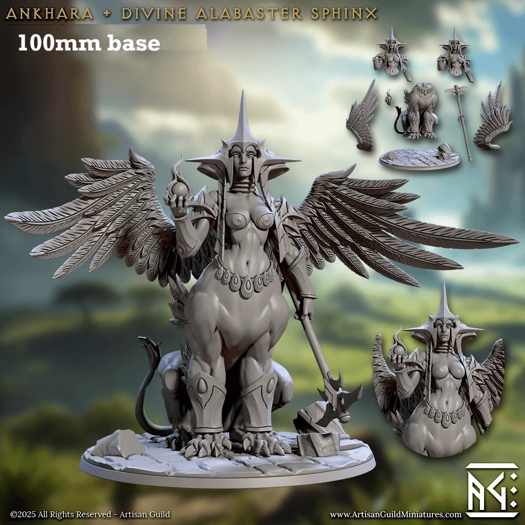 Image shows 3D renders of two sculpt options for a winged sphinx gaming miniature.