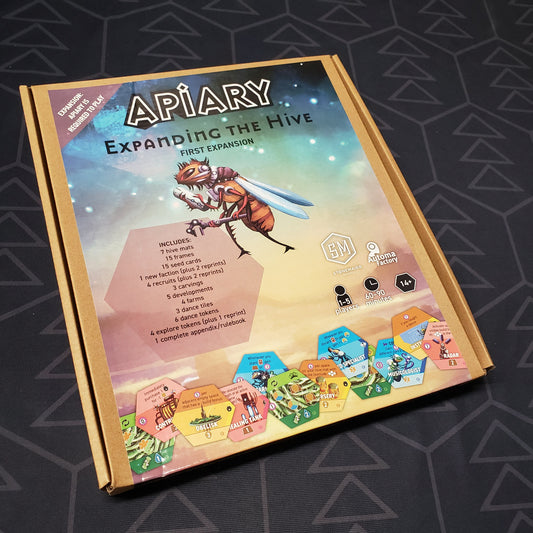 Image shows the front cover of the box of the Expanding the Hive expansion for the board game Apiary