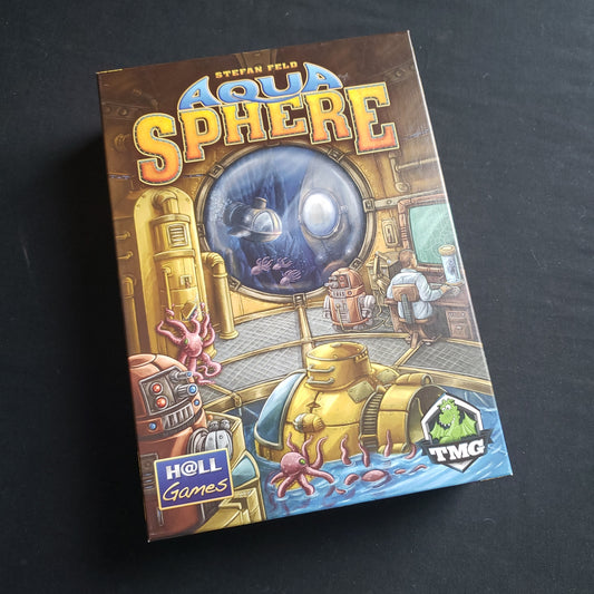 Image shows the front cover of the box of the AquaSphere board game