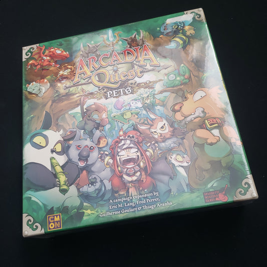 Image shows the front cover of the box of the Pets expansion for the board game Arcadia Quest