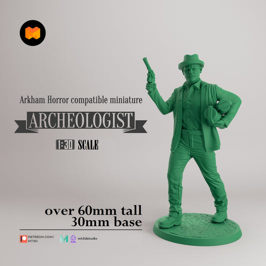 Image shows a 3D render of a 1920s era adventuring archeologist gaming miniature.