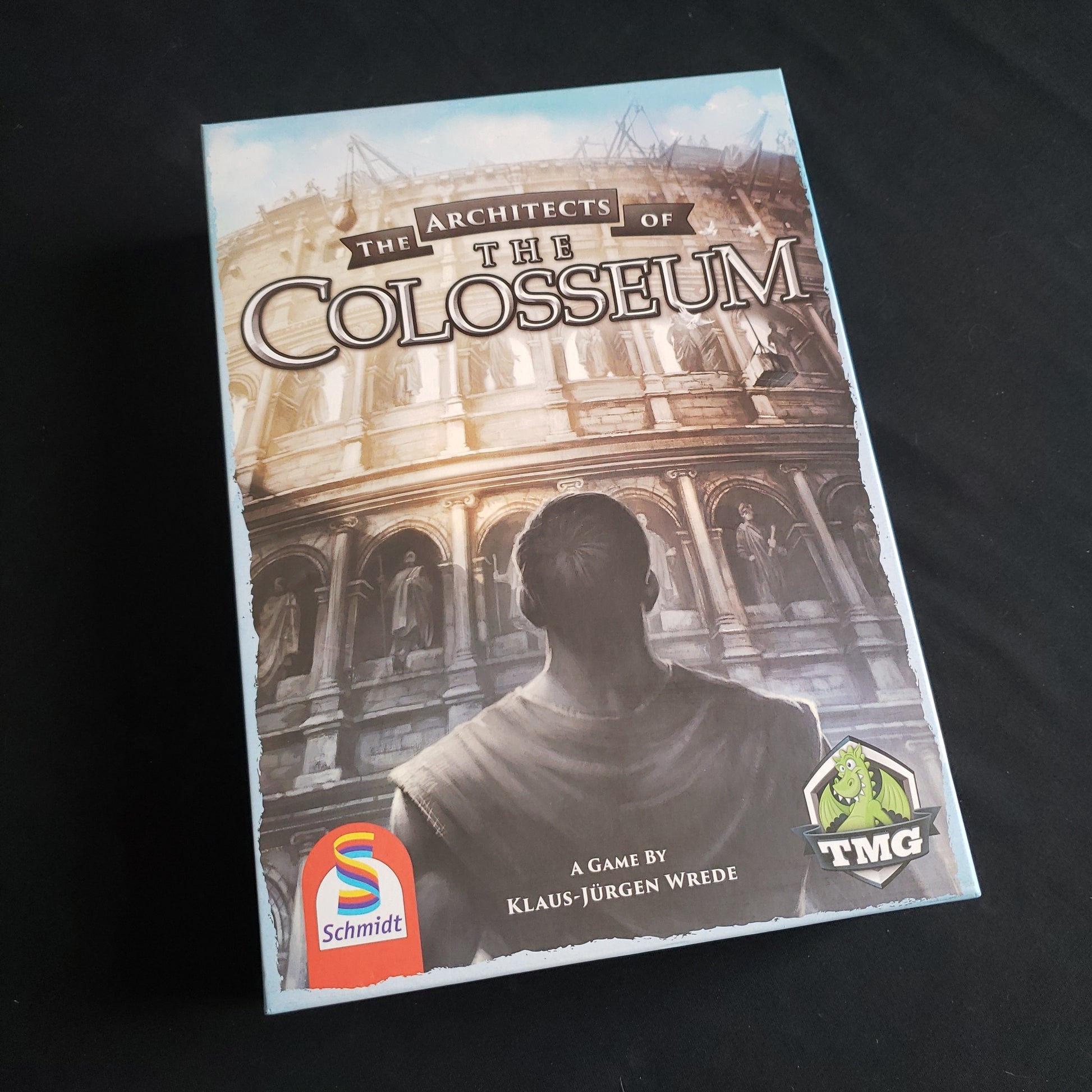 Image shows the front cover of the box of the Architects of the Colosseum board game