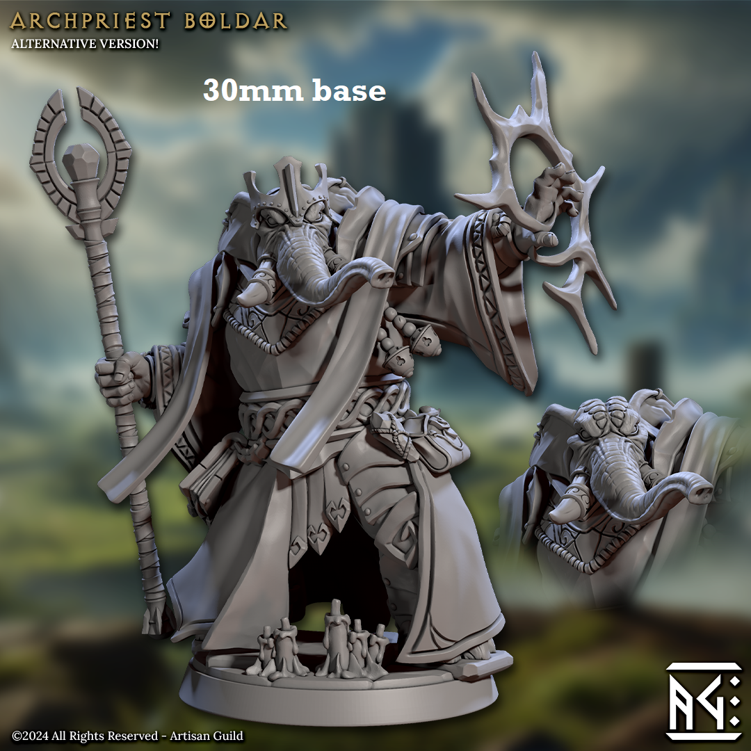 Image shows 3D renders of two different sculpt options for a loxodon cleric gaming miniature