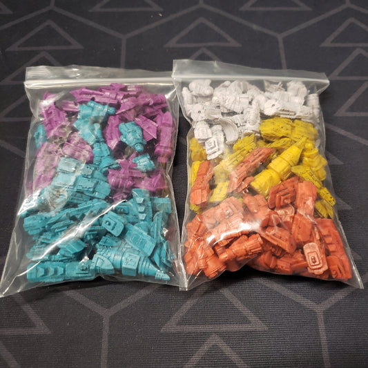Image shows the bagged components of the Miniatures Pack for the board game Arcs
