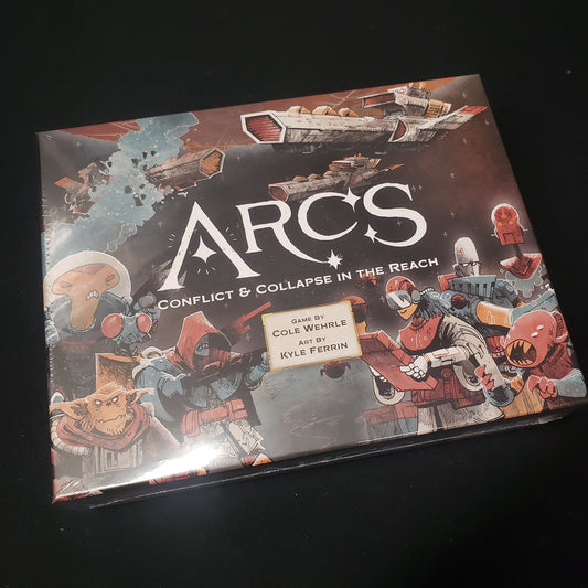 Image shows the front cover of the box of the Arcs board game