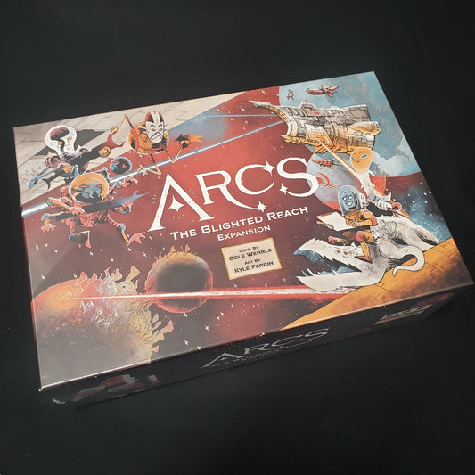 Image shows the front cover of the box of the Blighted Reach expansion for the board game Arcs