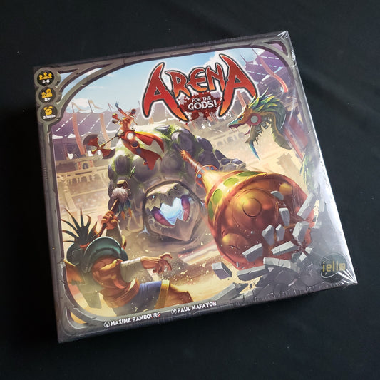 Image shows the front cover of the box of the Arena: For the Gods! board game