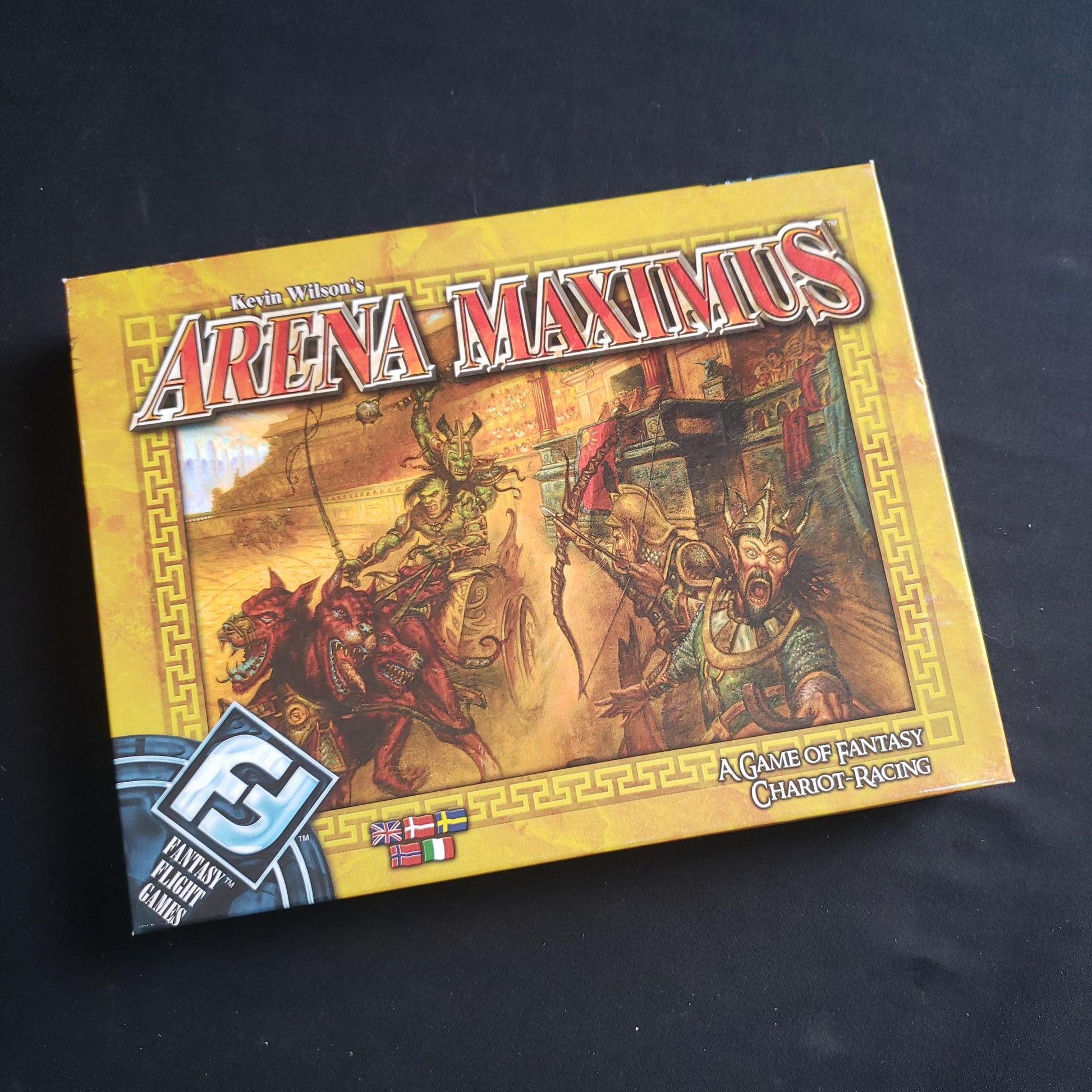 Image shows the front cover of the box of the Arena Maximus board game