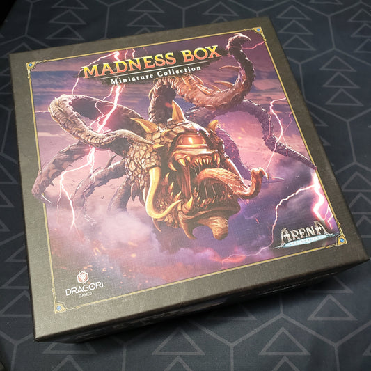 Image shows the front of the box for the Madness Box Miniature Collection for the board game Arena: The Contest