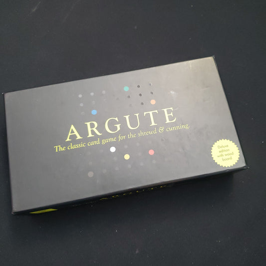 Image shows the front cover of the box of the deluxe edition of the card game Argute