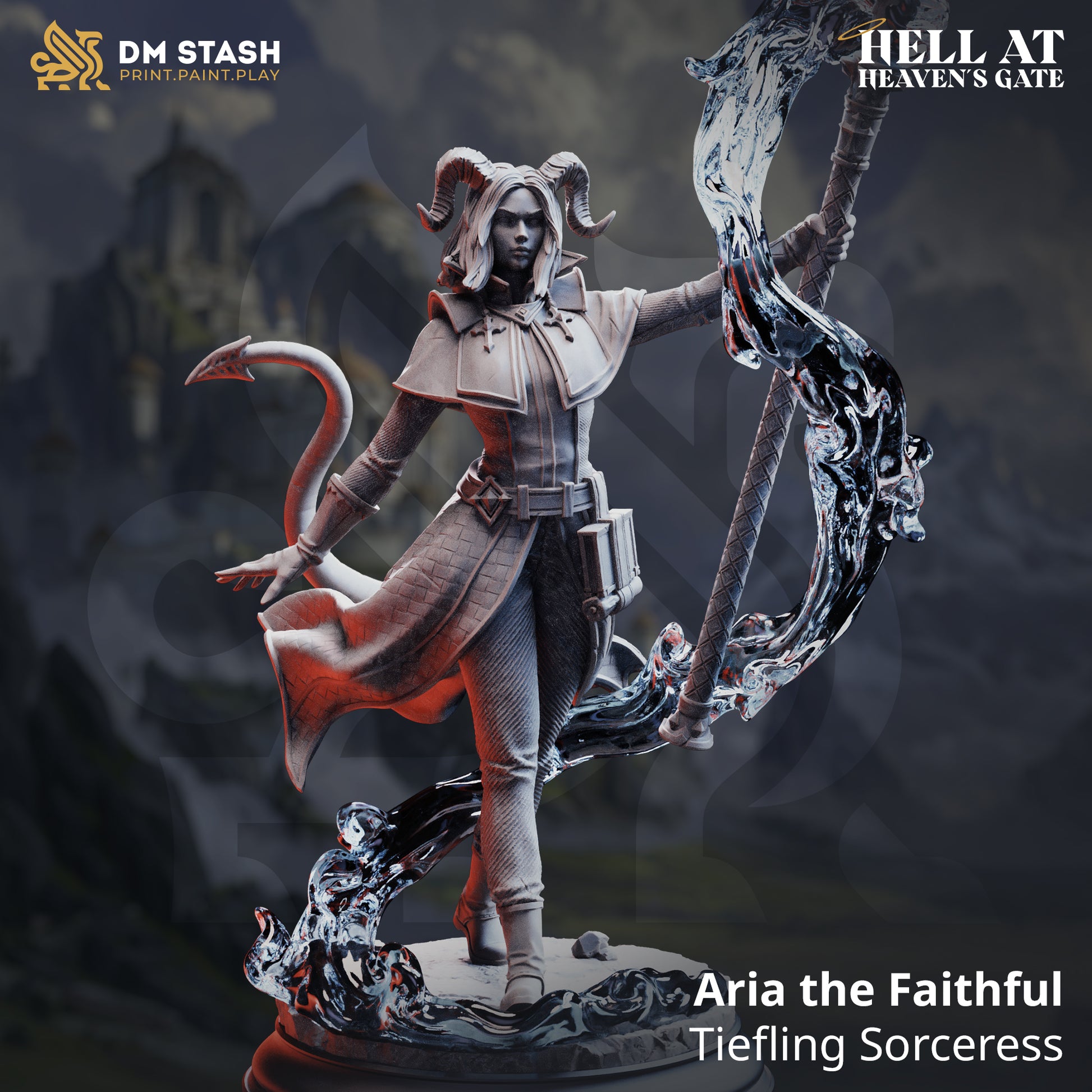 Image shows a 3D render of a tiefling sorceress gaming miniature.