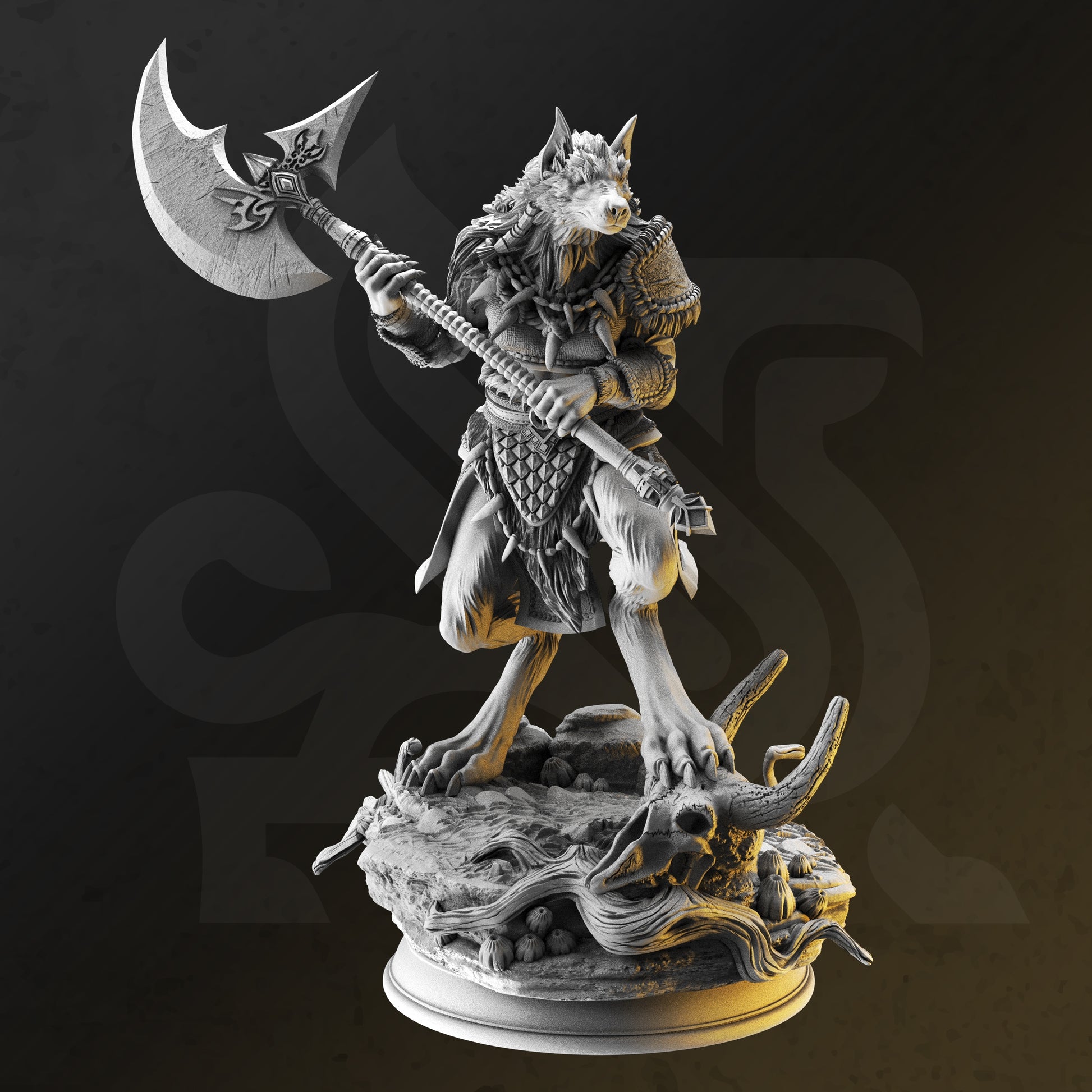 Image shows an 3D render of a werewolf barbarian gaming miniature, holding a large two-handed axe