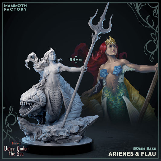 Image shows a 3D render of a gaming miniature of a mermaid queen with an eel monstrosity