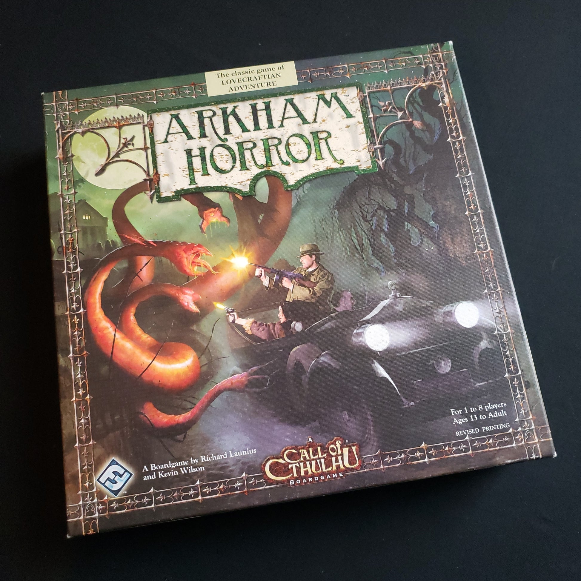 Image shows the front cover of the box of the Arkham Horror: Revised Second Edition board game
