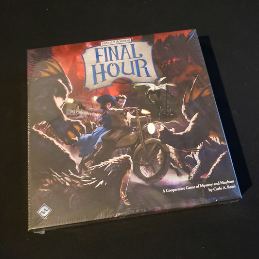 Image shows the front cover of the box of the Arkham Horror: Final Hour board game