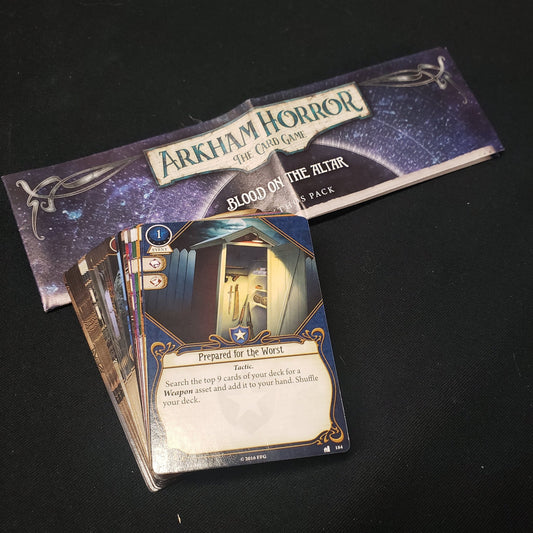 Image shows the cards & instructions for the Blood on the Altar Mythos Pack expansion for Arkham Horror: The Card Game