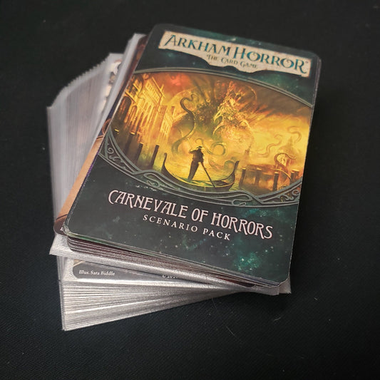 Image shows the cards for the Carnevale of Horrors Scenario Pack expansion for Arkham Horror: The Card Game