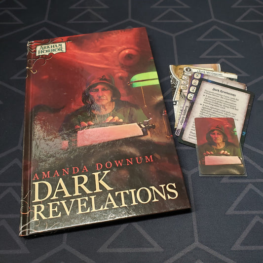 Image shows the front cover of the Dark Revelations novella & character promo cards for Arkham Horror: The Card Game