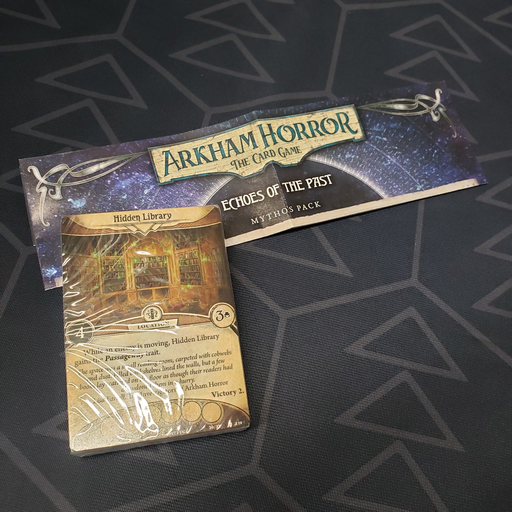 Image shows the cards & instructions for the Echoes of the Past Mythos Pack expansion for Arkham Horror: The Card Game