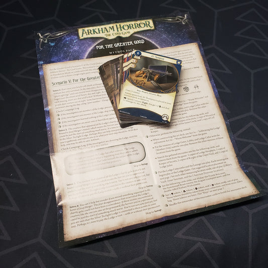 Image shows the cards & instruction sheet for the For the Greater Good Mythos pack for the card game Arkham Horror
