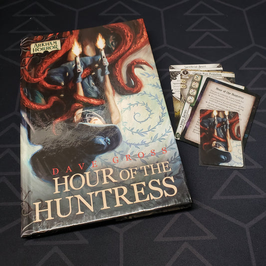 Image shows the front cover of the Hour of the Huntress novella & character promo cards for Arkham Horror: The Card Game