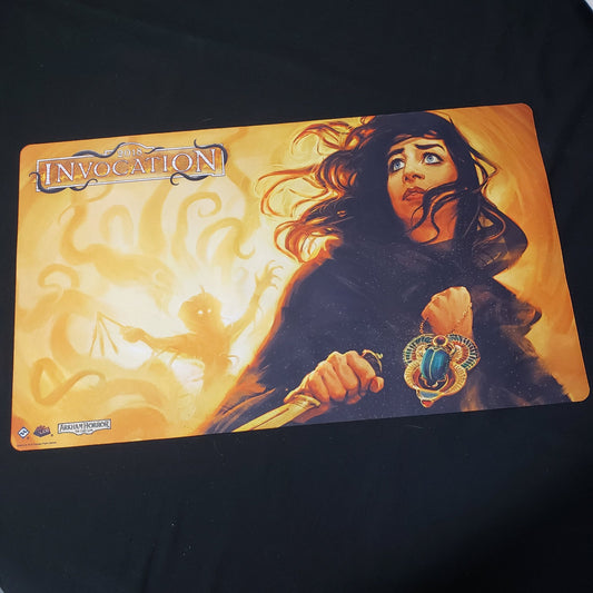 Image shows a playmat featuring the Invocation 2018 artwork for the Arkham Horror Card Game