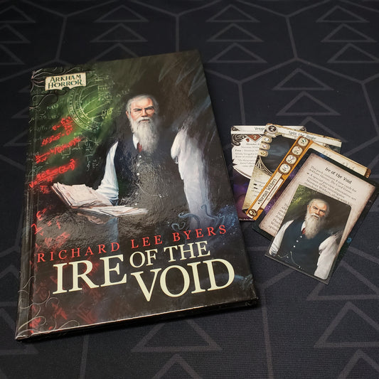 Image shows the front cover of the Ire of the Void novella & character promo cards for Arkham Horror: The Card Game