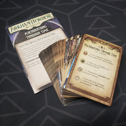 Image shows the cards & instruction sheet for the Machinations Through Time Scenario pack for the card game Arkham Horror