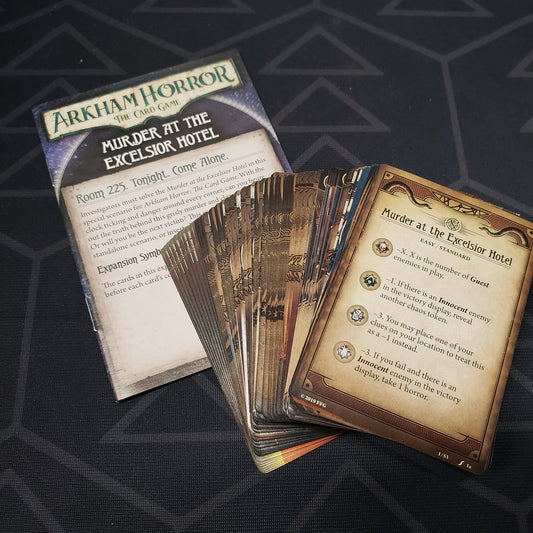 Image shows the fanned-out cards & instructions for the Murder at the Excelsior Hotel Scenario Pack from the Arkham Horror Card Game