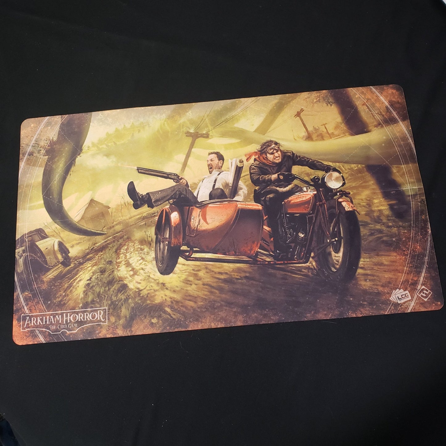 Image shows a playmat featuring the Narrow Escape artwork for the Arkham Horror Card Game