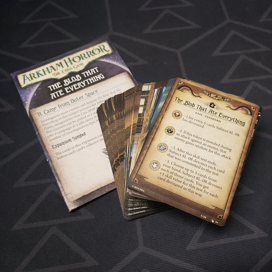 Image shows the cards & instruction sheet for the Blob that Ate Everything Scenario Pack from the Arkham Horror Card Game