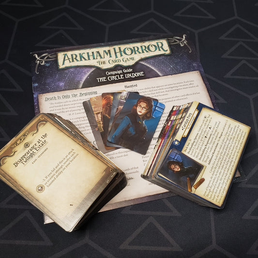 Image shows the cards & instructions for the The Circle Undone Deluxe Expansion pack for the card game Arkham Horror
