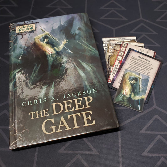 Image shows the front cover of the Deep Gate novella & character promo cards for Arkham Horror: The Card Game