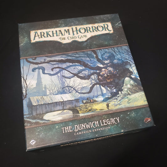 Image shows the front cover of the box for the Dunwich Legacy Campaign expansion from the Arkham Horror card game