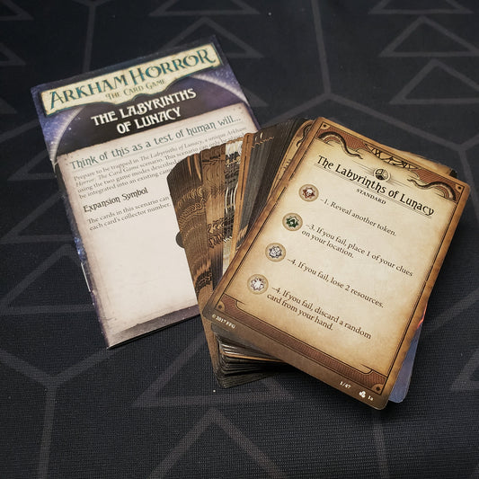 Image shows the cards & instruction sheet for the Labyrinths of Lunacy Scenario Pack for the Arkham Horror card game