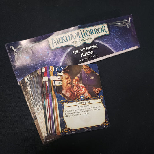 Image shows the cards & instructions for the Miskatonic Museum Mythos Pack expansion for Arkham Horror: The Card Game