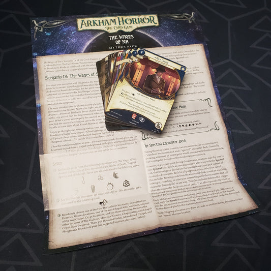 Image shows the cards & instruction sheet for the Wages of Sin Mythos pack for the card game Arkham Horror