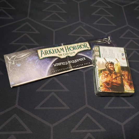 Image shows the shrinkwrapped cards & instructions for the Winifred Habbamock Investigator Starter Deck from the Arkham Horror Card Game