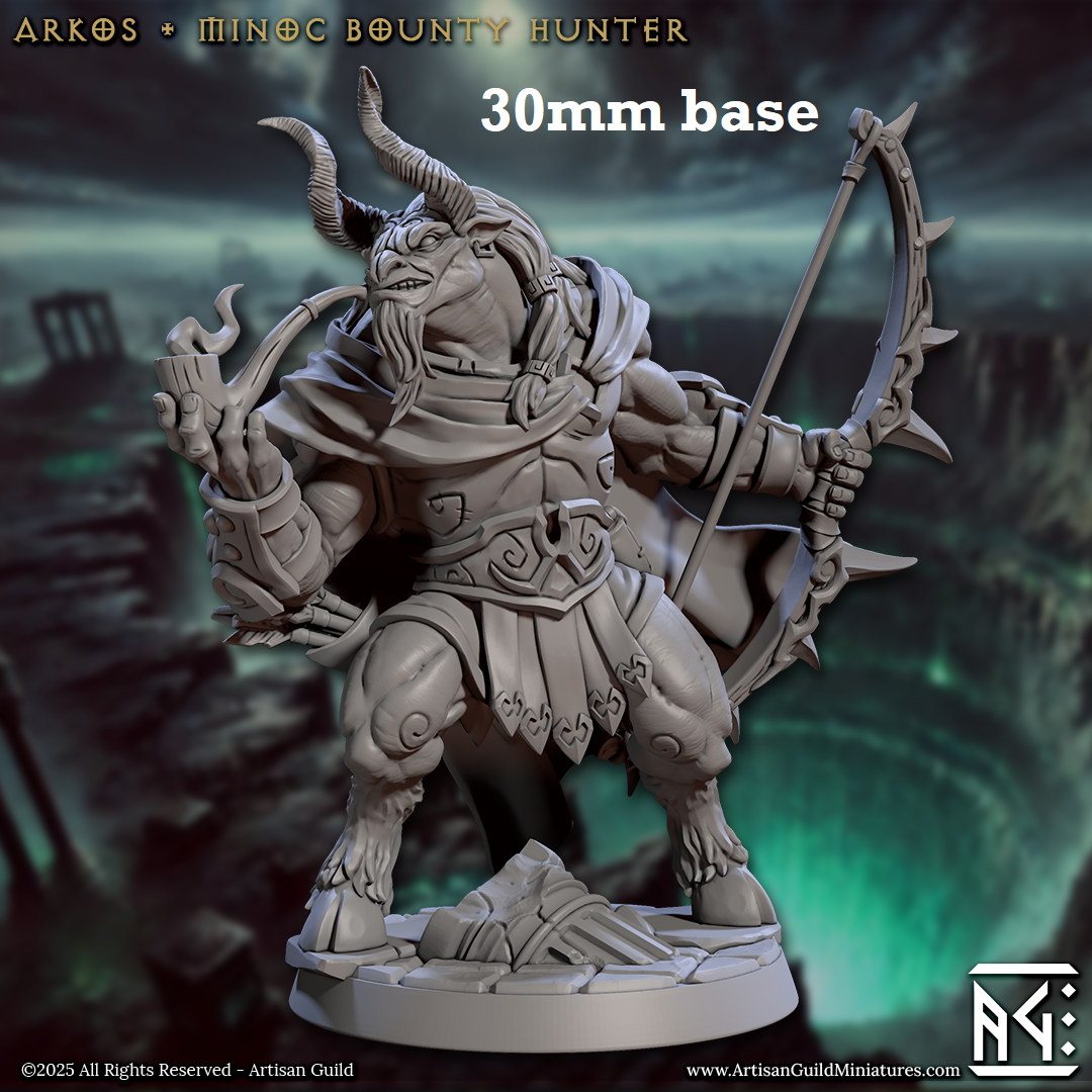 Image shows a 3D render of a minotaur ranger gaming miniature